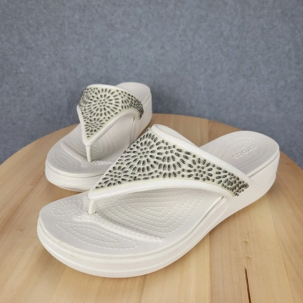 Crocs Monterey Shimmer Wedge Flip Flops Stucco White Metallic‎ Sandals Size 7